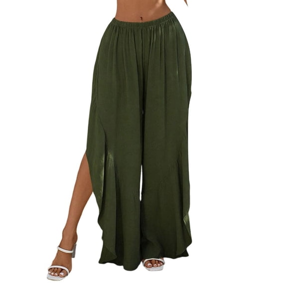 Lerpwige Women's Ruffled Wide Leg Beach Pants with High Slit Swimsuit Cover Up for Beach
