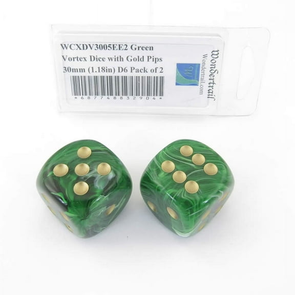 Green Vortex Dice with Gold Pips 30mm (1.18in) D6 Pack of 2 Wondertrail