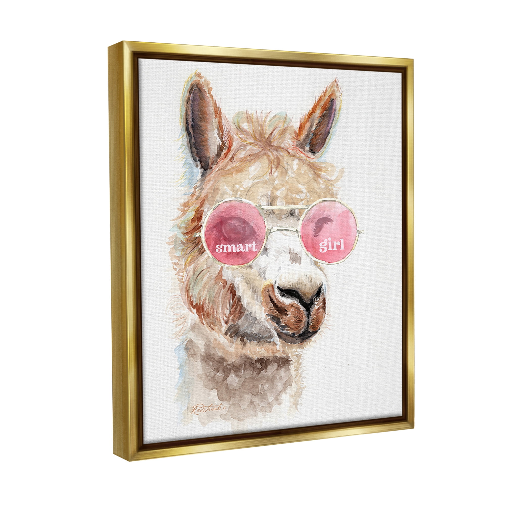 Stupell Industries Smart Girl Llama Animals & Insects Painting Gold Floater Framed Canvas Art Print Wall Art, 17 x 21