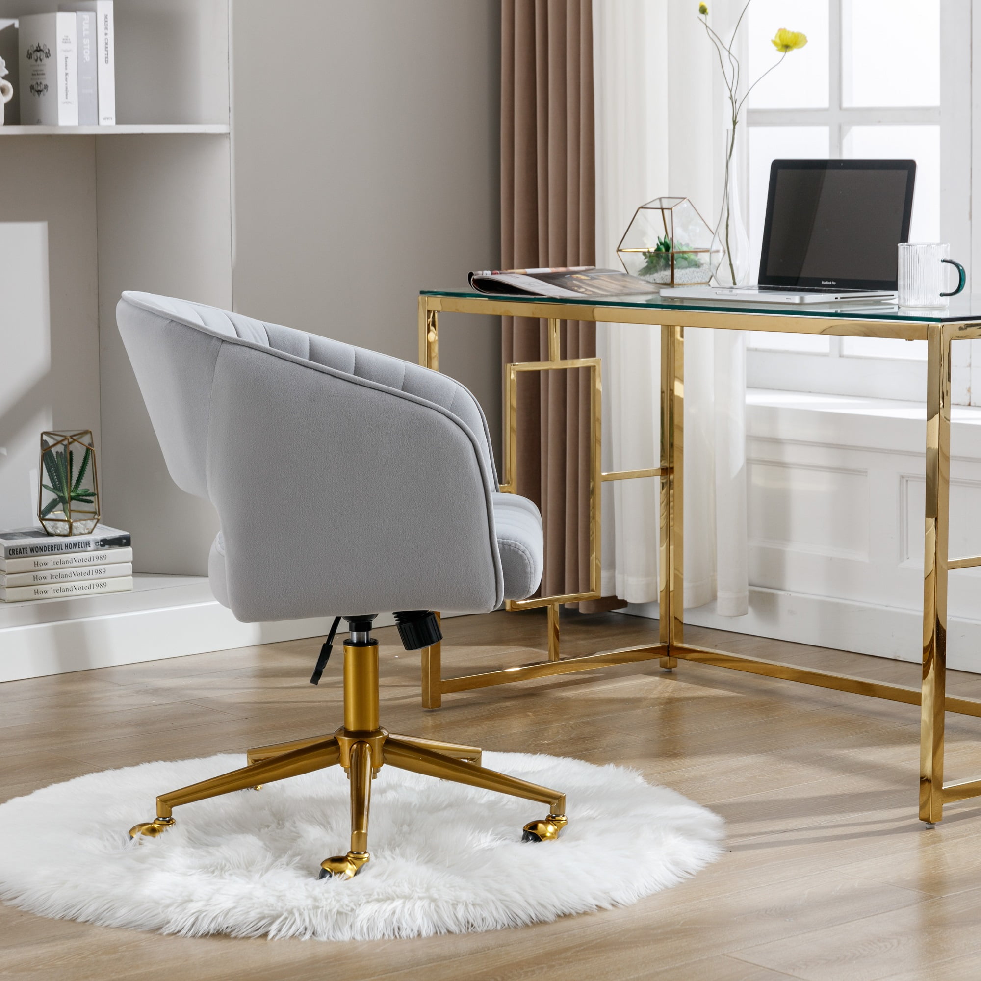KCC Velvet Office Chair for Women, Swivel Vanity Desk Chair with Gold Base and Wheels, Adjustable Upholstered Chair for Bedroom, Makeup Room and Home Office(Light Gray)