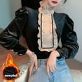 thumbnail image 2 of PIKADINGNIS Autumn New Retro Palace Style Blouses Hit Color Wood Ear Stitching Women Blouse Stand Collar Korean Velvet Shirts, 2 of 6