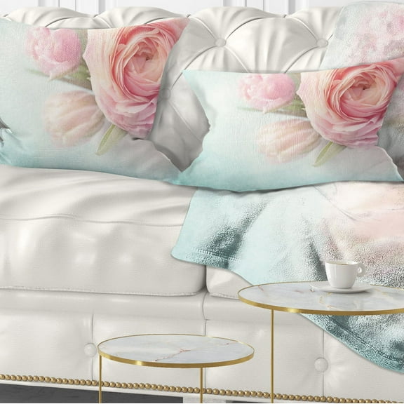 Designart Pink Flowers against Blue Background - Floral Throw Pillow - 12x20