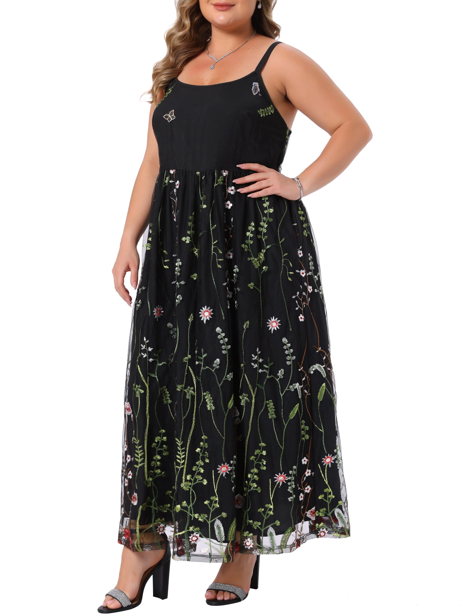 DARING DIVA Women's Plus U Neck Sleeveless Embroidered Mesh 1X Black