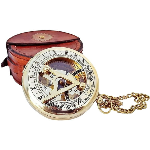 Antique Brass & Copper Sundial Compass with Wooden Gift Box – Vintage Nautical Sun Clock and Ship Replica Watch, Unique Collectible Gift for Mariners & Explorers