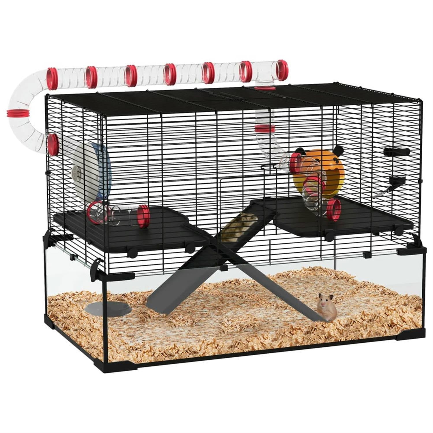 Kadyn 31" Hamster Cage, Gerbil Cage with Glass Basin, Tube and Tunnel for Small Hamsters, 2 Levels Small Animal Habitats, Black