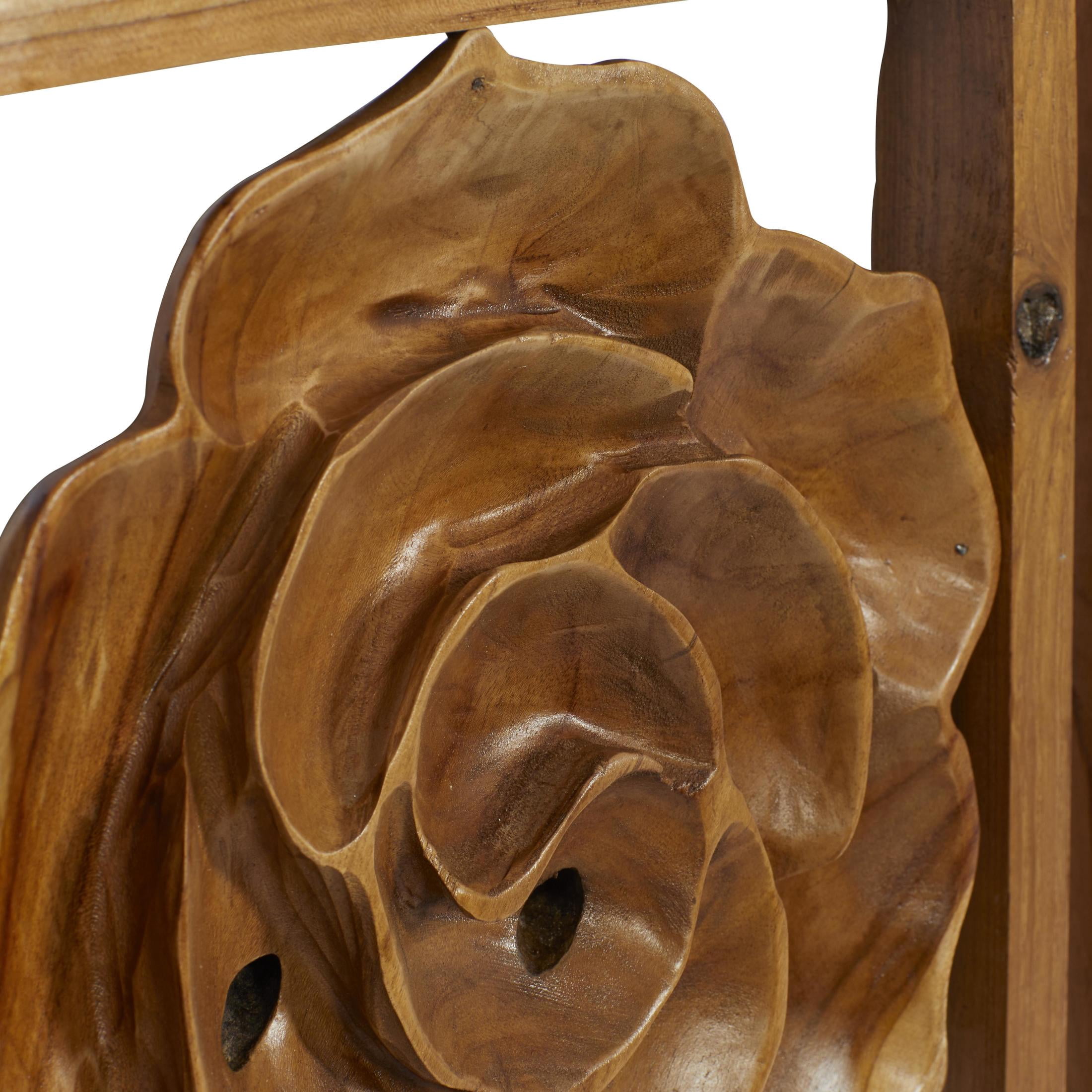 DecMode Brown Teak Wood Handmade Framed Carved Leaf and Floral Wall Decor (3 Count)