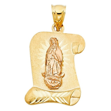 White Scrolls Pendant 14k Religious Two Tone Solid Gold Scroll Pendant Guadalupe Our Lady of Vinrgin Mother Maria Medallion 25mm by 20mm Charm ()