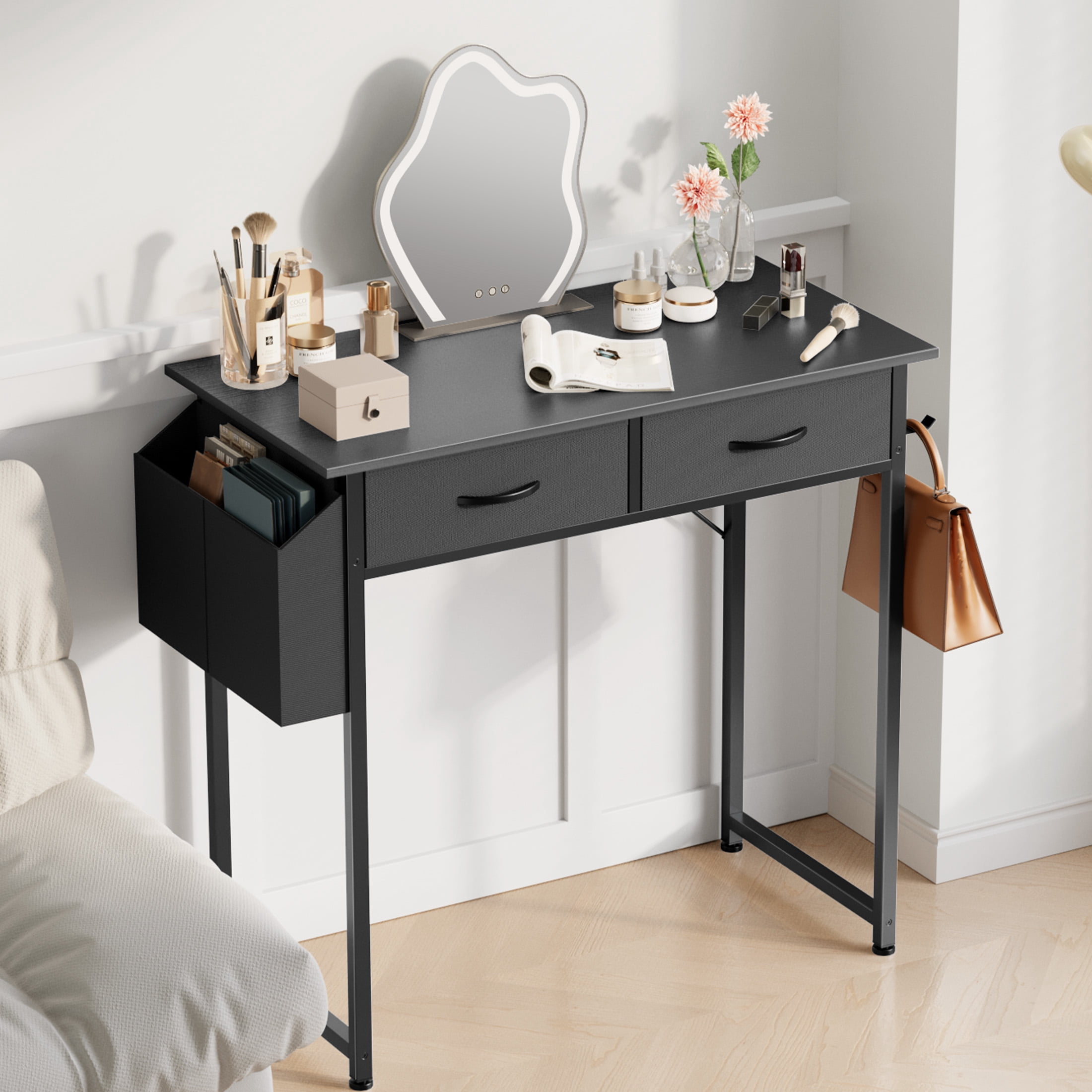 JIOABL Small Desk with 2 Drawers 32 Inch Bedroom Kids Student Vanity Home Office Computer PC Table with Fabric Storage Bag, Study Writing Wood Deskboard for Small Spaces,Black