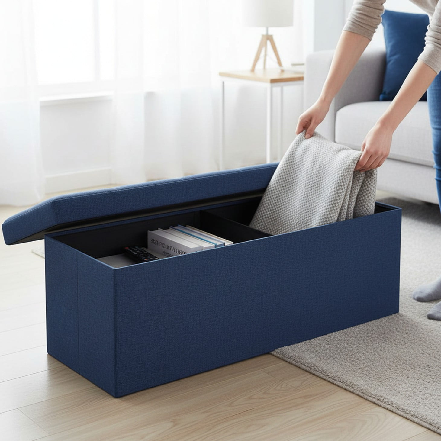 CONCETTA 43" Storage Ottoman Bench, Foldable Footrest Stool with High Load Capacity, Holds Up to 660 lb，Blue