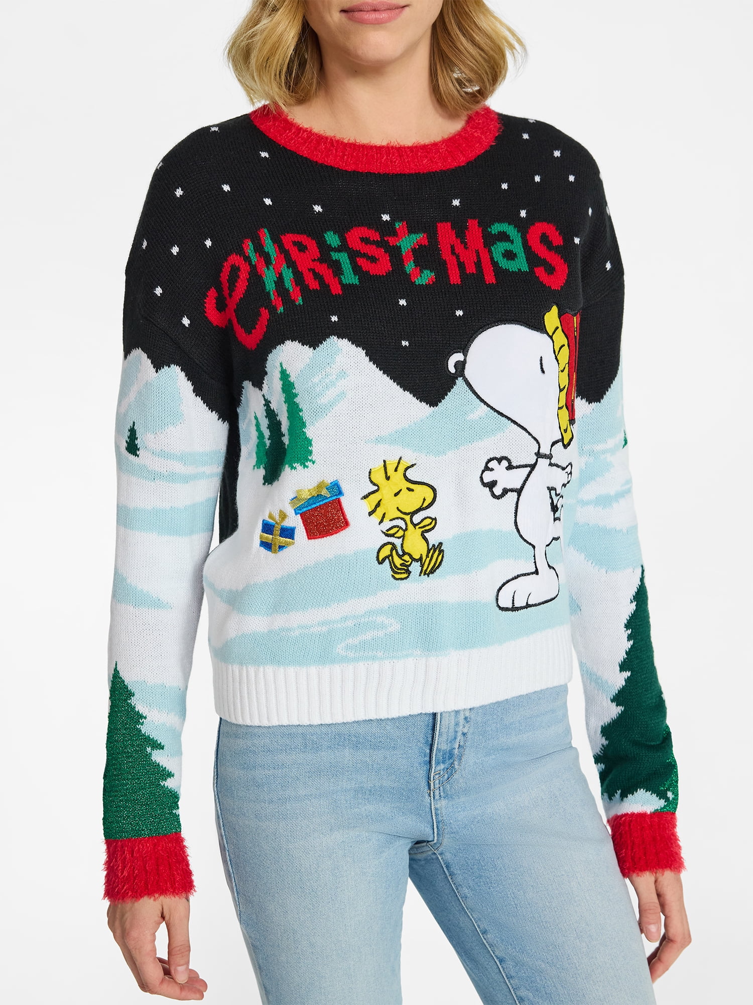 Peanuts Women's Skating Snoopy Embellished Christmas Sweater, Sizes XXS-XXL