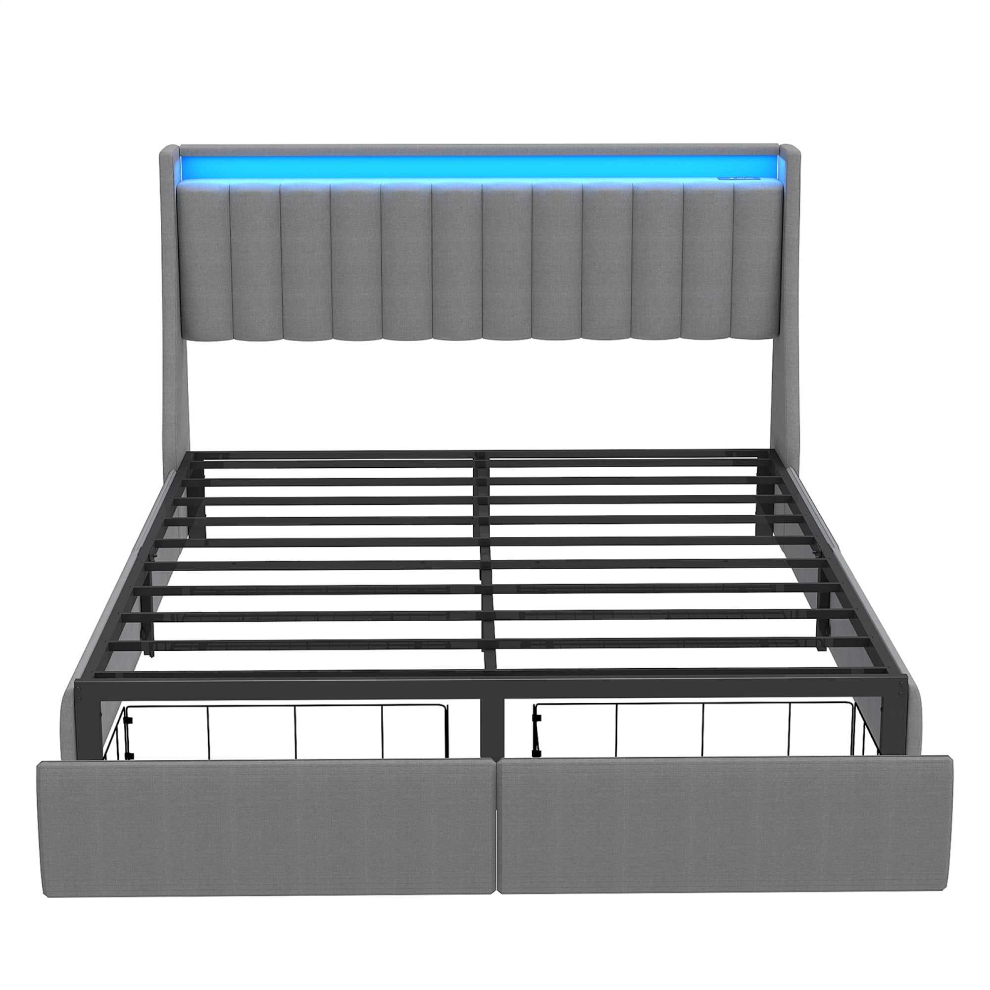 HOQBN Queen Size Bed Frame with RGB LED Lights & Charging Station, Upholstered Platform Bed with 2 Underbed Drawers & Storage Headboard, No Box Spring Required
