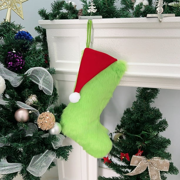 Stockings Christmas Fluorescent Green Candy Gift Bag Santa Hat Decoration, Fluorescent Green Stockings, Small Santa Hat, LED Lighted, Festive Holiday, Christmas Party Decor, Foldable Design,