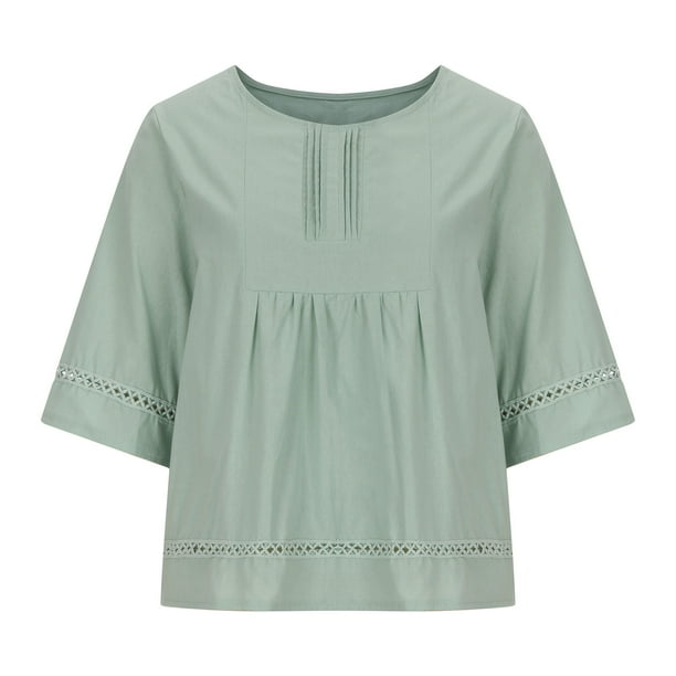 Tops para mujer Camisas Blusas Elegante Casual Cuello redondo Media manga Camisa suelta sólida Hallow Out Blusa de algodón y lino Odeerbi ODB-5