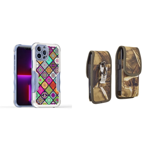 Case and Pouch Bundle for iPhone 14: Heavy Duty Armor Rugged Case (Mediterranean Tile Pattern) and Vertical Rugged Nylon Belt Holster (Camo)