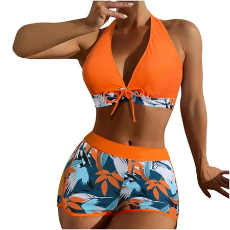 High Waisted Bikini Swimsuit Women Plus Size Women Elegant with Chest Pad Without Underwire Print Deep V High-waisted Patchwork Swimming Trunks Split Swimsuit Maternity Swimsuit Orange L