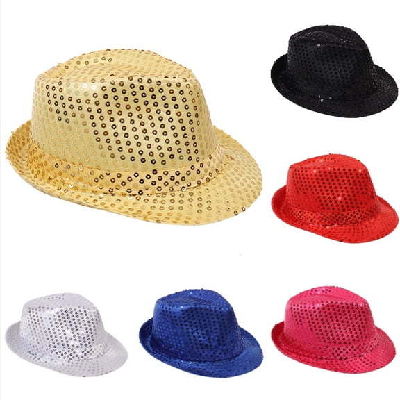 Ticikt Kids Sequin Fedora Hat, Solid Color Glitter Jazz Cap, Universal Stage Performance Party Accessory,Gold
