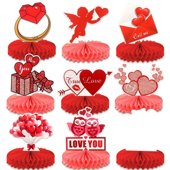 Heart Centerpieces for Tables - Big Pack of 9 Love Table Centerpiece, Heart Table Decorations Love Decorations for Party Red 3D Heart Honeycomb Centerpieces for Wedding Decorations
