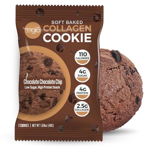 Galletas de colágeno 321glo | Galletas suaves horneadas y ricas en proteínas | Bajo en carbohidratos, bajo en azúcar | Snack Keto para mujeres, hombres y niños | Paquete de 12 (chocolate con chispas d
