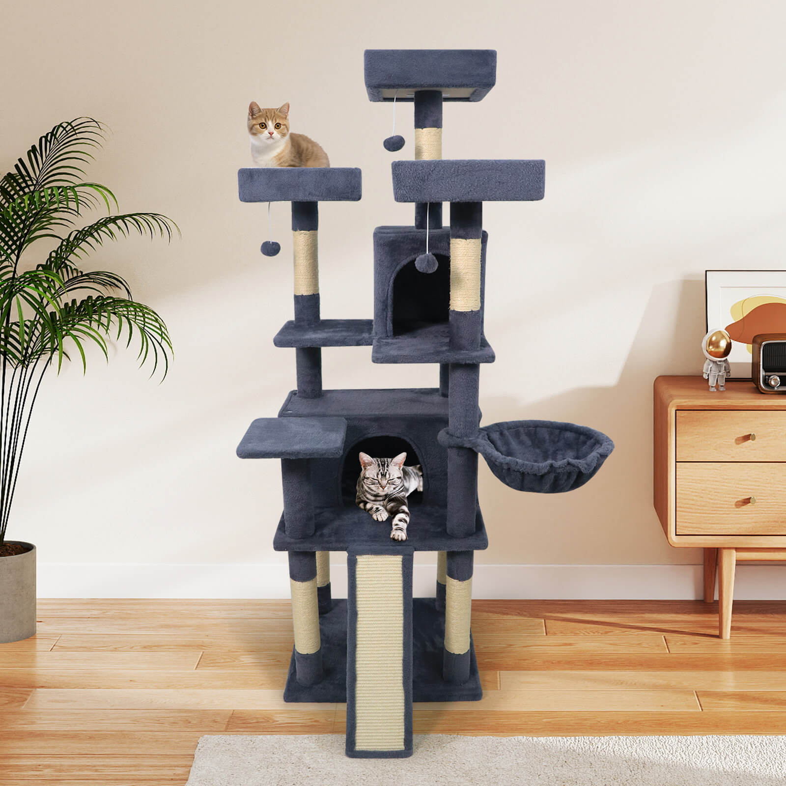 Costway 65” Tall Multi-level Cat Tree with 3 Upholstered Top Perch 2 Cat Condos Cat Basket Dark Gray