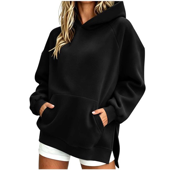 Kezqiaxn Women's Long Sleeve Hoodie with Pockets Fall Casual Side Slit Pullover Sweatshirt for Women Fashion Clothing Black S