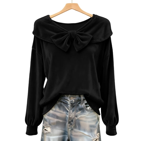 ZUKMRJPC Velvet Shirts for Women Long Sleeve Crewneck Cute Bow Vintage Pullover Tees Solid Color Casual Soft Comfy Tunic Tops