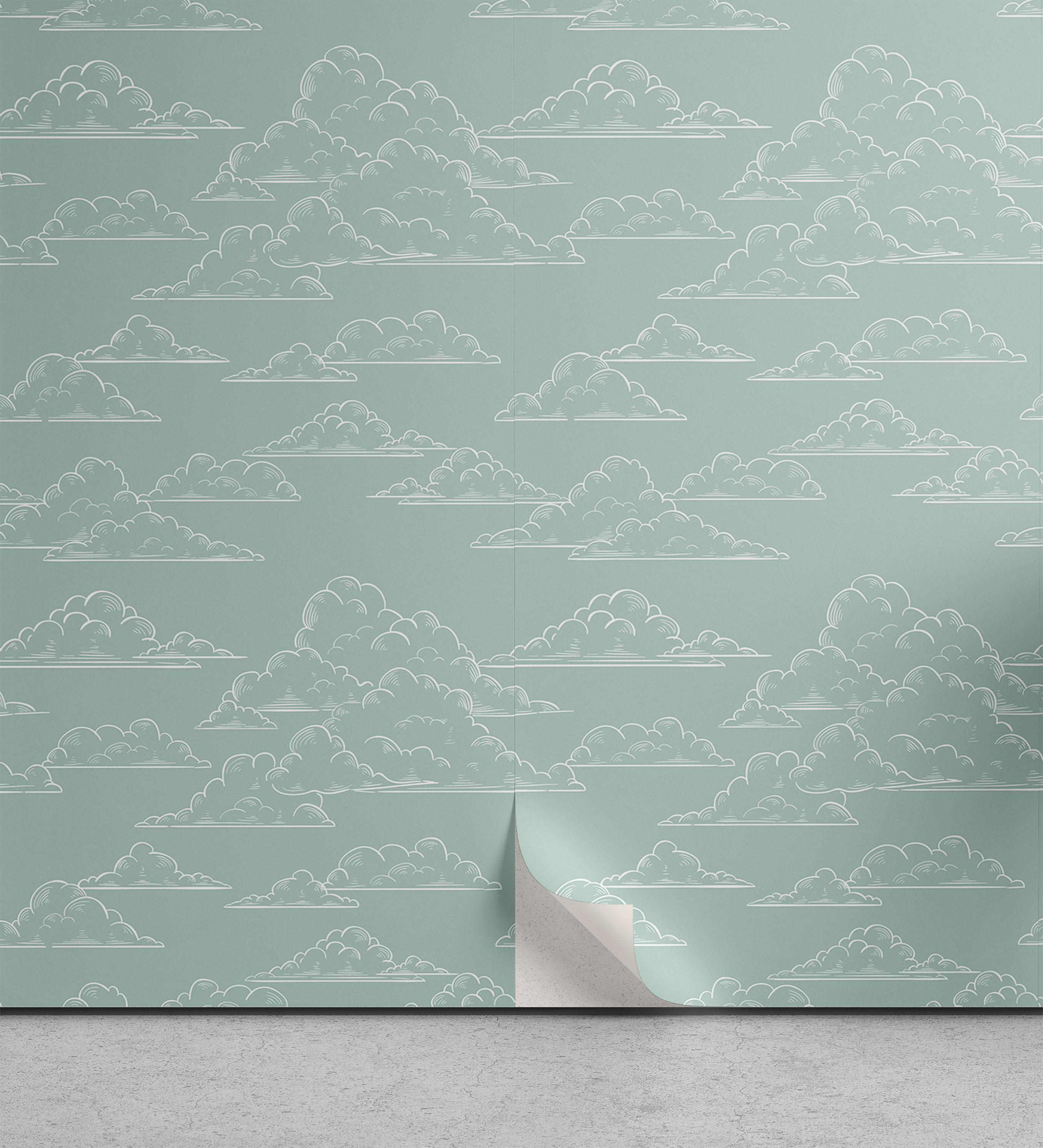 Cloud Peel & Stick Wallpaper, Hand Drawn Clouds with Monochrome Sky