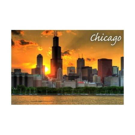Chicago, Illinois - Skyline at Sunset Print Wall Art By Lantern (Best Place To See Sunset In Chicago)