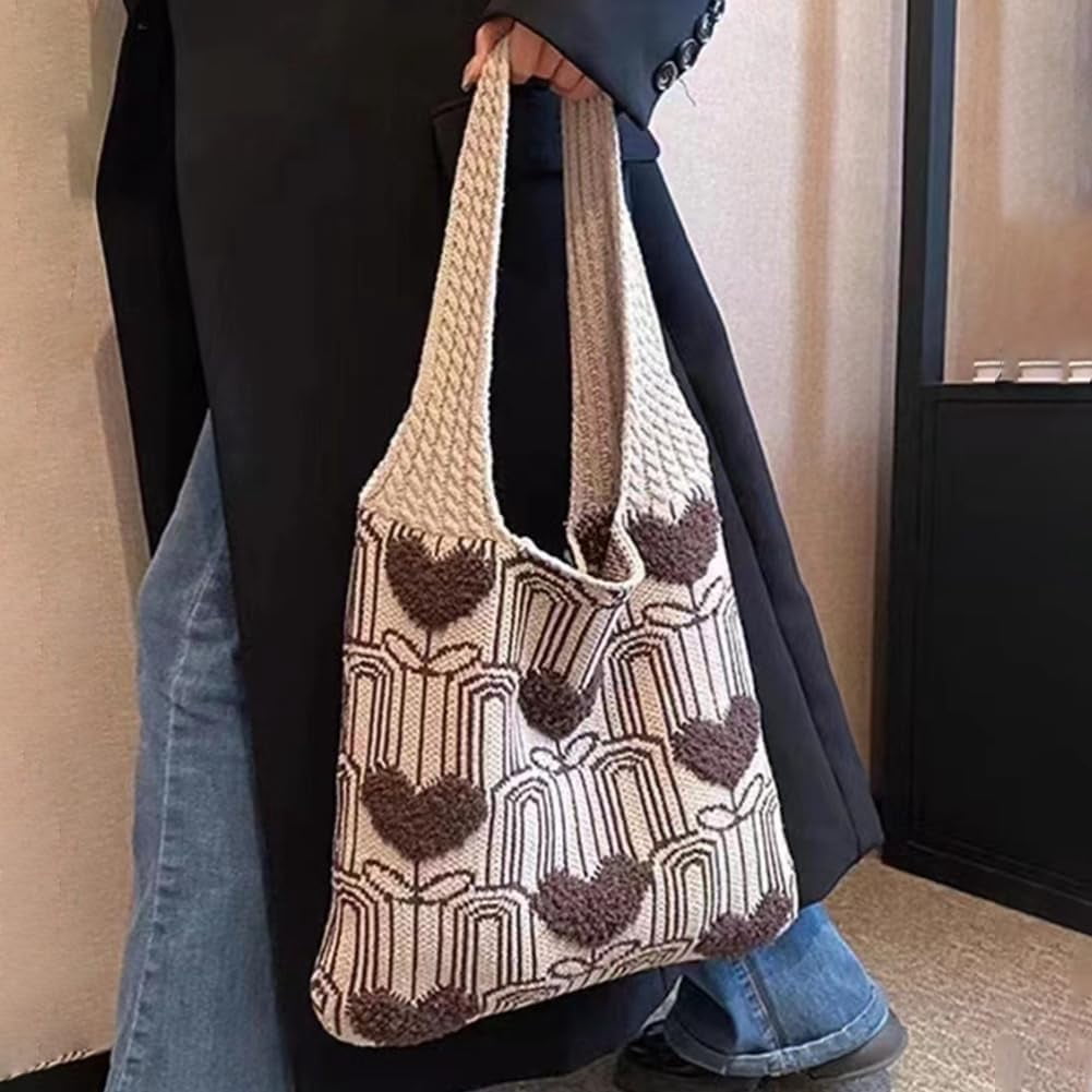 CAILDANL Crochet Tote Bag Cute Aesthetic Hobo Bag Hearts Pattern Knitted Shoulder Bag Hollow Beach Bag for Women