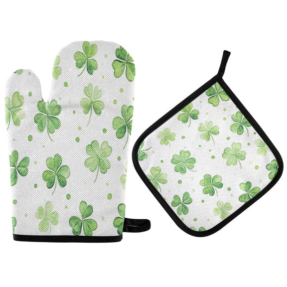 Heat Resistant Oven Glove & Hot Pad Set Reusable and Washable Kitchen Combo for Baking, BBQ, Oven, Microwave Green Shamrock Leaves