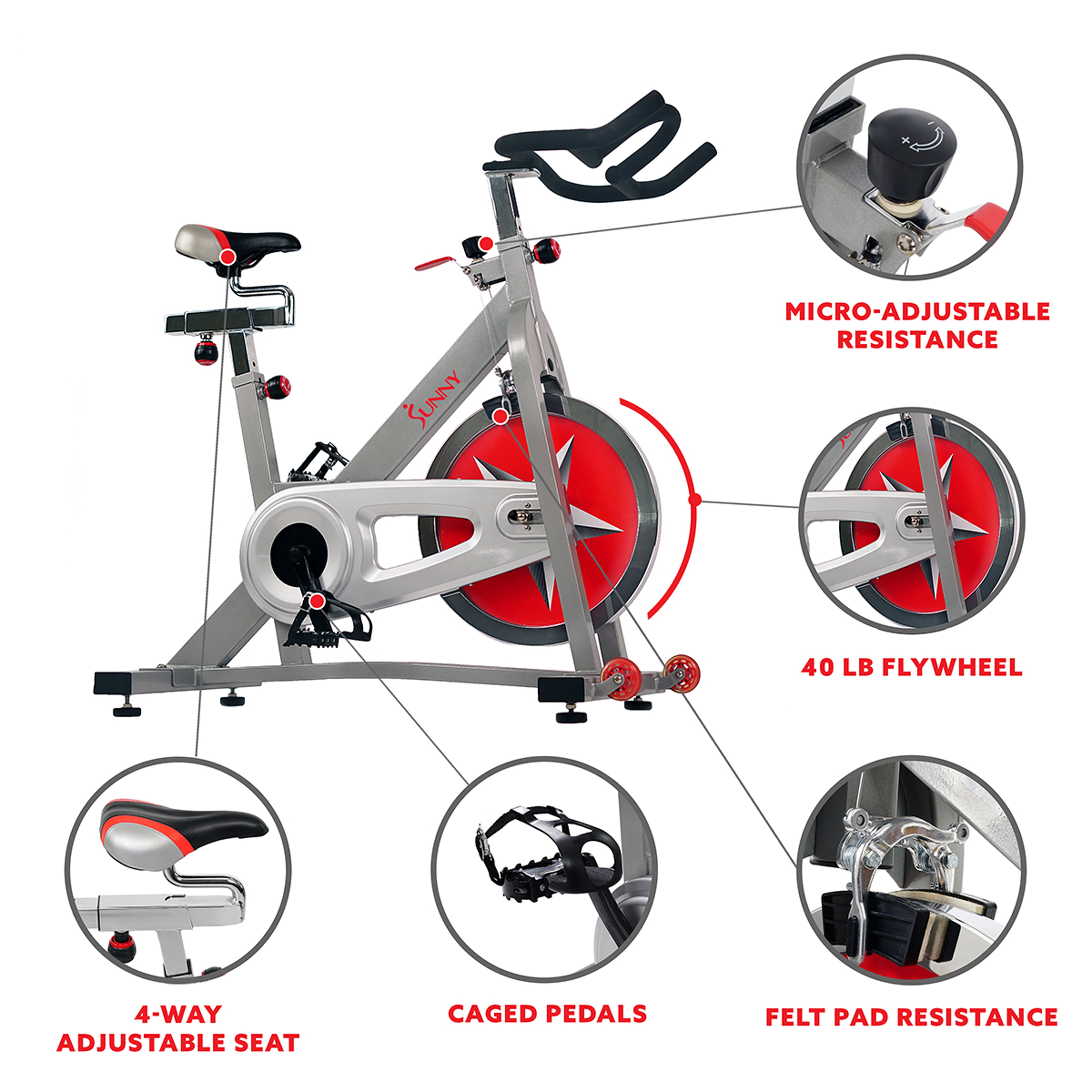 Sunny Health & Fitness Stationary Chain Drive 40 lb Flywheel Pro Indoor Cycling Exercise Bike Trainer, Workout Machine, SF-B901 - image 4 of 9