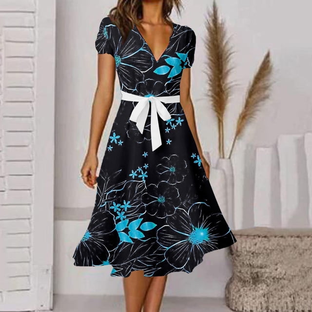 Gspmoly Robe pour Femme, Mode Femme Aguichant Vintage à Col en V à Manches Courtes Imprimée Robes de Soirée Robes Formelles pour Femme Cadeaux de Vacances
