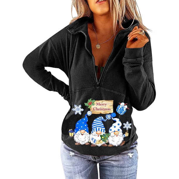 Sudadera de manga larga con estampado de Navidad y cremallera con cuello en V para mujer, blusa informal, Tops Pompotops gfhjh11934
