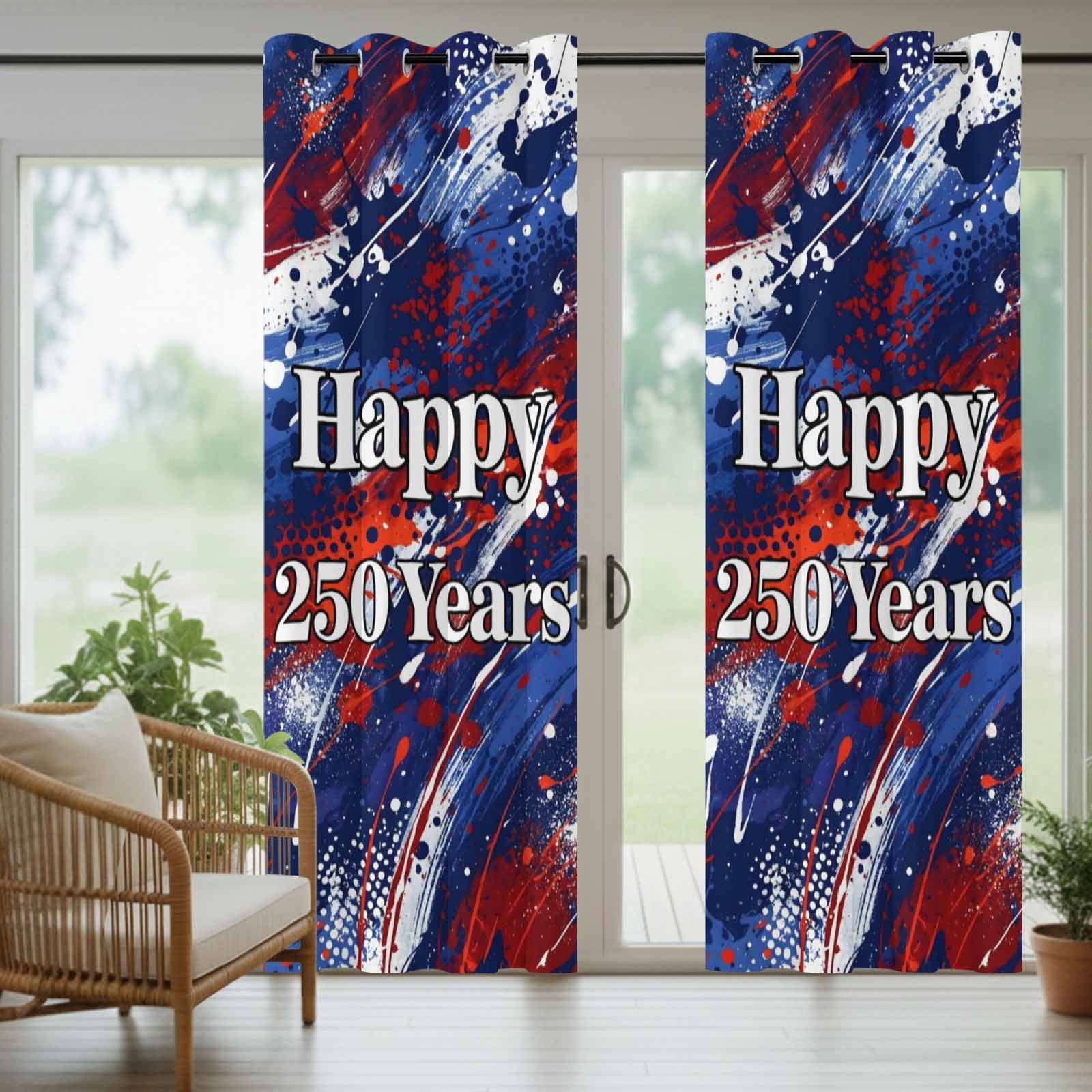 Happy 250 Years Outdoor Curtains for Patio, Independence Day Blue Red White Splash Sunshade Privacy Drapes Grommet Waterproof Outside Curtains for Porch/Cabana/Balcony 54"x 108", 1 Panel