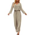 thumbnail image 1 of Women Top Pants Suit Long Sleeves V Neck Button Front Drawstring Closure Two Piece Outfits Khaki 3XL, 1 of 4