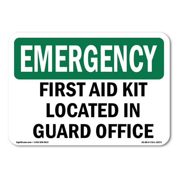 SignMission OS-EM-A-1824-L-10373 18 x 24 in. OSHA Emergency Sign - First Aid Kit Located in Guard Office