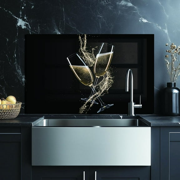 30x16 Inch Champagne Cups Tempered Glass Kitchen Splash Panel - Waterproof Wall Art, Durable Easy Wipe Clean Backsplash for Sink Area