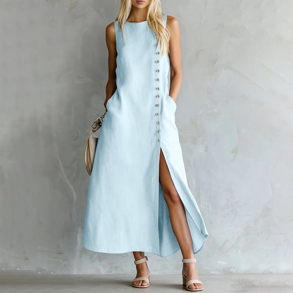 Guieoi Summer Dresses for Women under $10 Plus Size Decorative Button Cotton-Linen Loose Sleeveless Split-Hem Maxi Dress Blue L