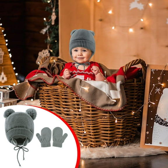 Lolmot Newborn Baby Toddler Kids Winter Hats and Gloves Set, Cable Knit Fleece Soft Warm Earflap Beanie Cap for Boys Girls
