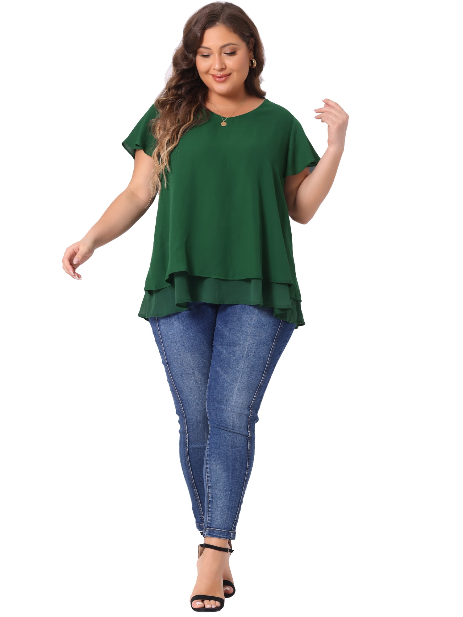 Unique Bargains Women's Plus Size Ruffle Short Sleeve V Neck Chiffon Blouse 1X Green