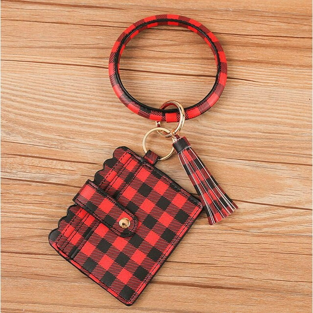 Wristlet Bracelet Keychain Circle Key Ring Pocket Credit Card Holder Circle Key Ring Tassel Keychains Bangle Purse for Women 20#