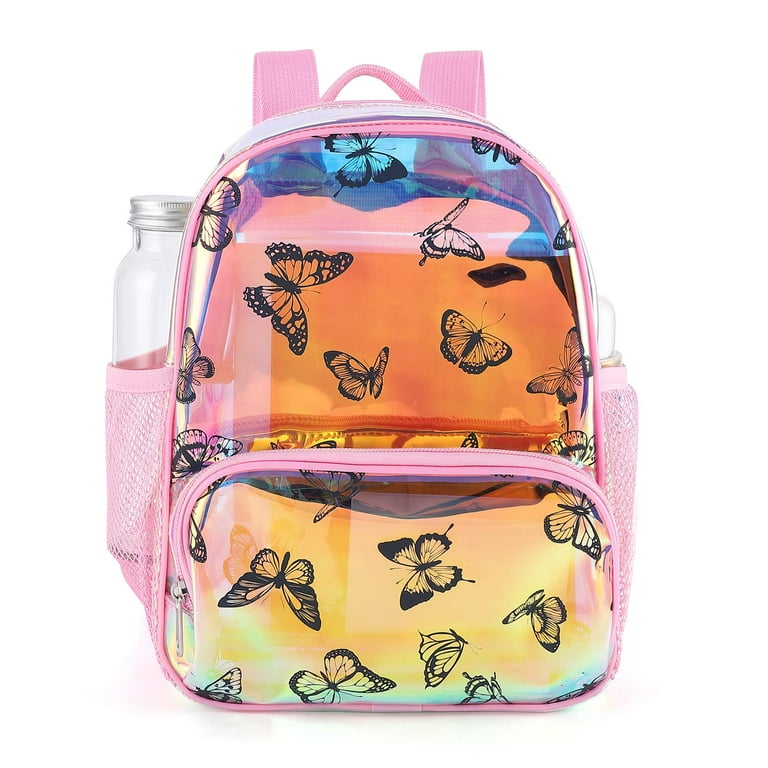 Clear Backpack Heavy Duty Kids Backpack with Butterfly Print Use Piping Design Suitable for Schools Stadiums Beaches and Other Living Places A4 size