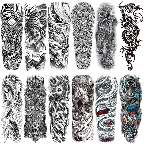 CUTELIILI Halloween Tatuaje temporal de brazo completo 12 hojas (L19xW7) Tatuajes de manga Tatuajes temporales de demonio Tatuajes falsos que parecen reales Tigre Dragón Koi Ojos malvados