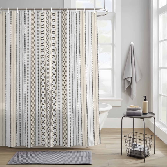 Bathroom Shower Curtain Gray Stripes Boho Ethnic Style Waterproof Shower Curtains with Hooks, Abstract Geometric Art Bath Curtains Bathtub Curtain Home Decor 36x72in