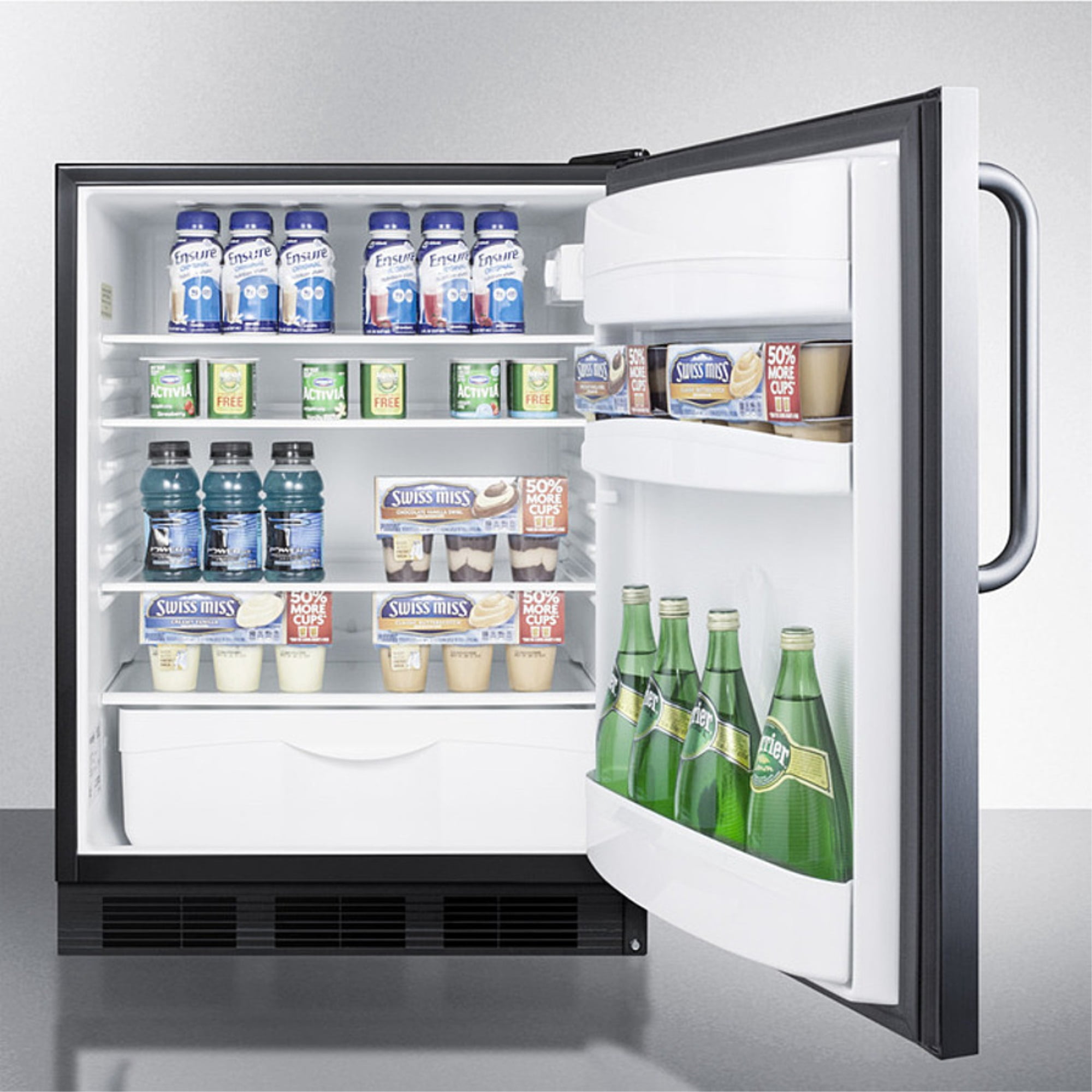 ADA compliant commercial all-refrigerator for built-in general purpose use, auto defrost w/stainless steel wrapped door, towel bar handle, and black cabinet