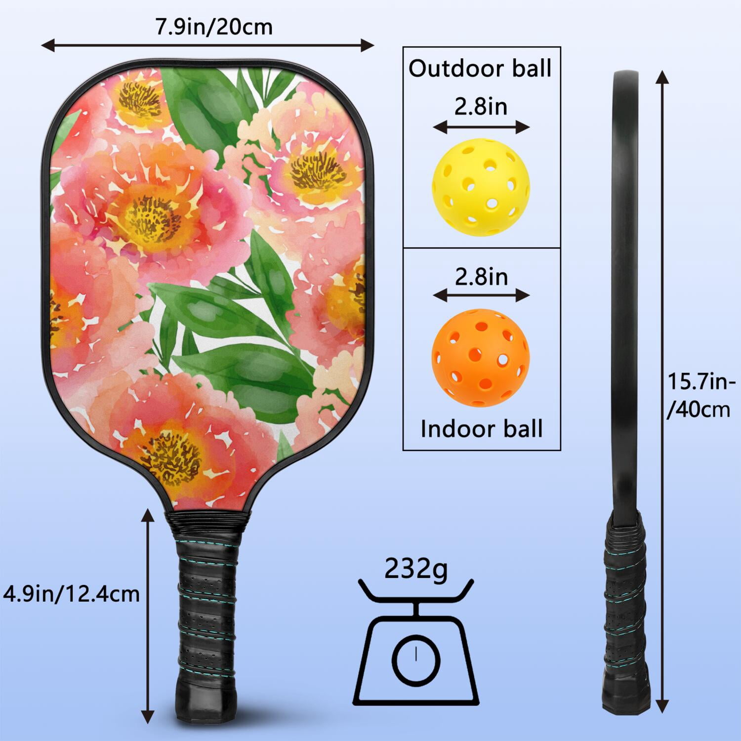 Pickleball Paddles Set Of 1, Fiberglass Surface, Vintage Floral Print, 1 Paddle, 2 Balls & Bag
