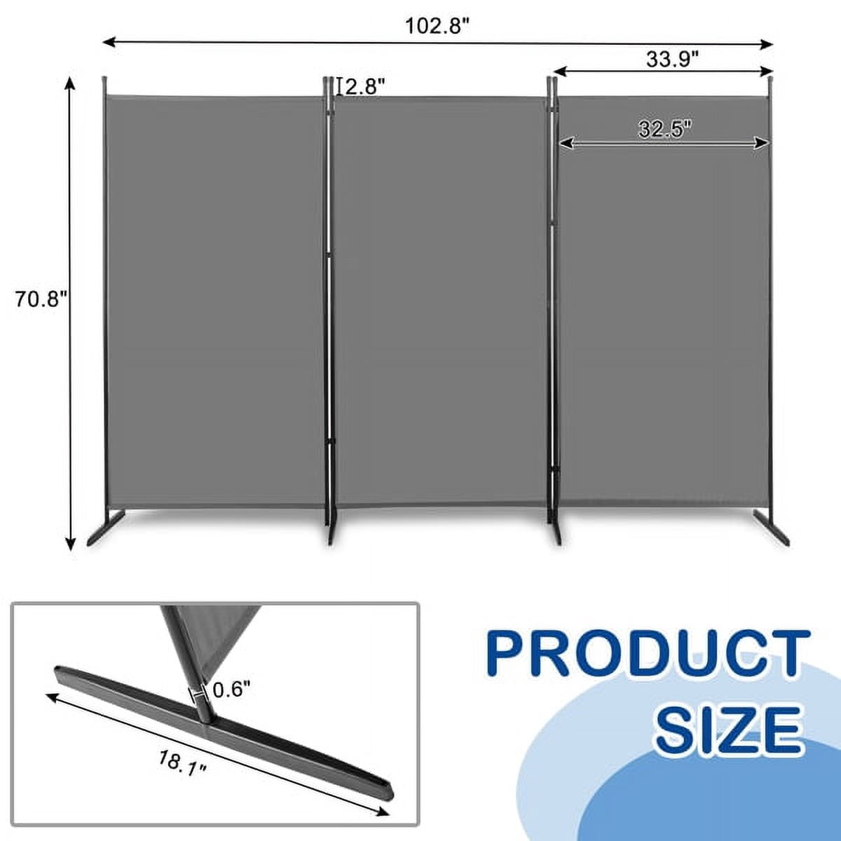 Alvantor 6 ft 3-Panel Room Divider, 102.8 in Wide Foldable Polyester Fabric with Carbon Steel Frame, Gray