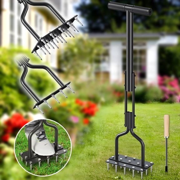 Bemico 38" Lawn Aerator Spike Aerator Manual Tool with 15 Pieces Solid Steel Spikes, Garden Grass Aeration, Soil Aerating Tool with Clean Tool for Aerating Lawns and Yard Care