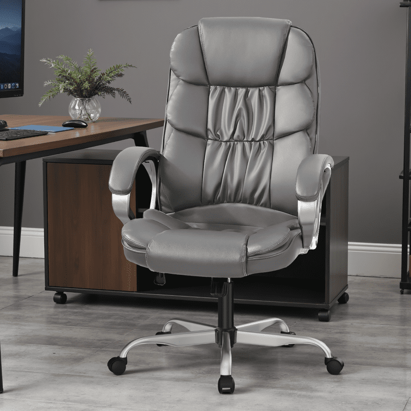 Furmax High Back Office Adjustable Ergonomic Desk Padded Armrests Executive PU Leather Swivel Task Chair with Lumbar Support, Gray