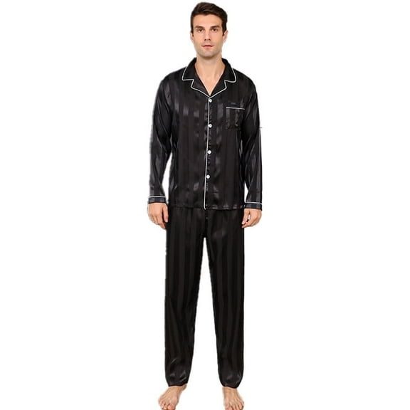 Zefortox Men's Black Silk Long-Sleeved Open-Button Homewear Set