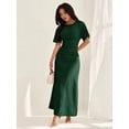 thumbnail image 5 of Dark Green Womens Summer Linen Blend Short Sleeve Elegant Maxi Dress With Ruched Waist, 5 of 8